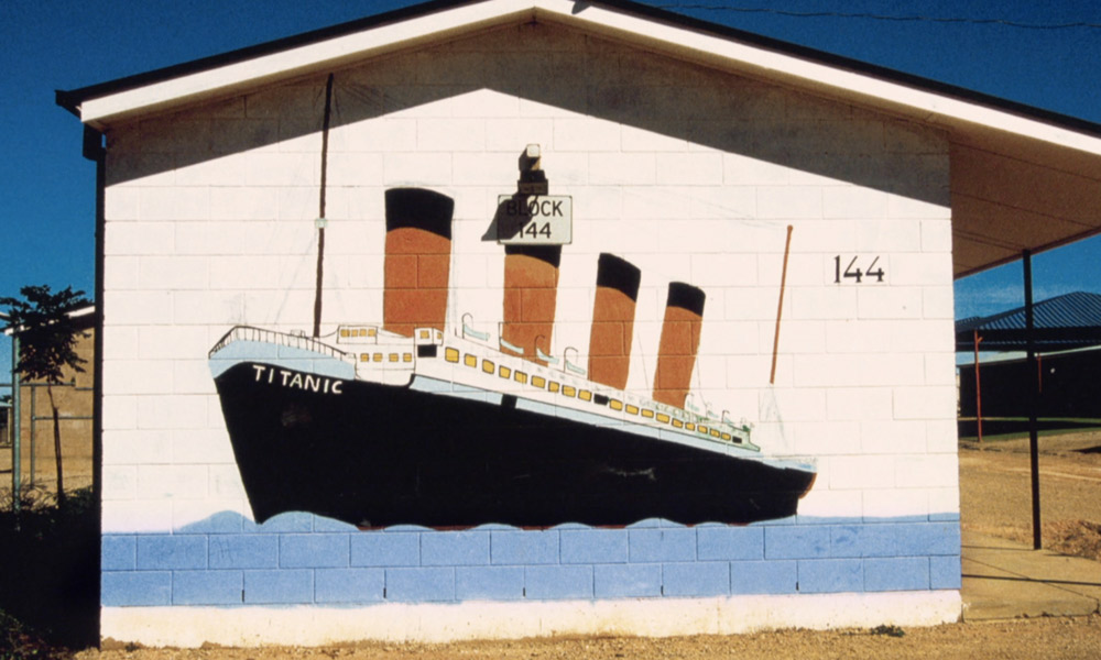 The Titanic mural at Woomera Detention Dentre. Image: National Library of Australia