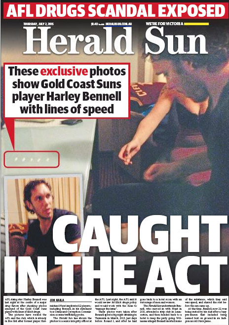 The Herald Sun front page purporting to show Harley Bennell with lines of drugs.
