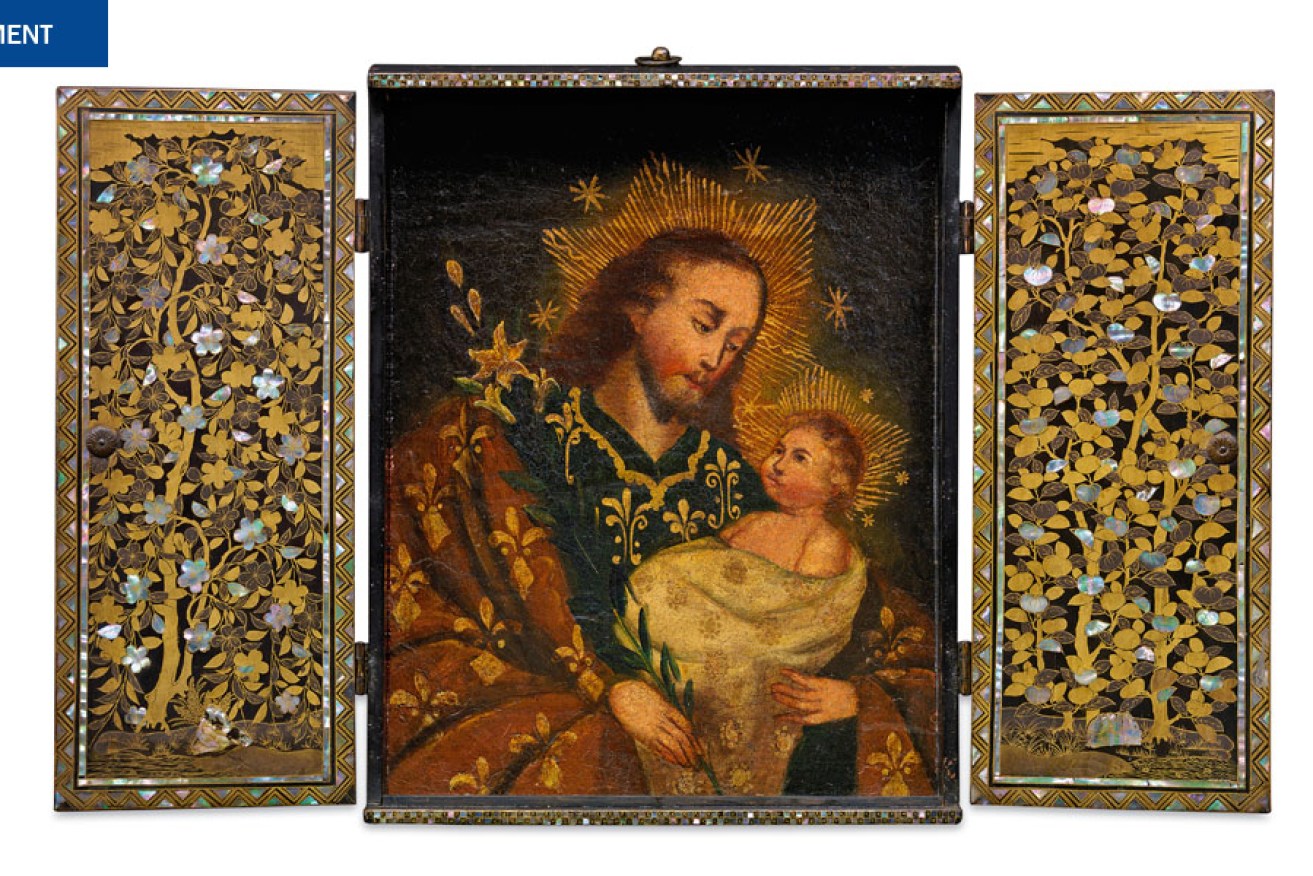 Japan, Portable altarpiece, with devotional image, late 16th–early 17th centuries, wood, urushi lacquer, gold lacquer, mother-of-pearl and gilt copper (fittings), pigment on wood (painting), 37.5 x 29.2 x 5.1 cm; Museu do Oriente/Fundação Oriente, Lisbon, Portugal, FO/0636. photo: Hugo Maertens/BNP Paribas