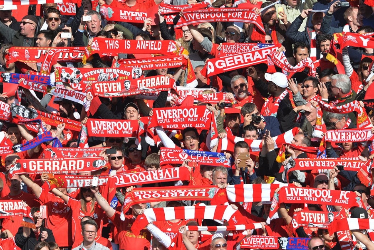 Liverpool fans at Anfield for captain Steven Gerrard's final home appearance in April. EPA image