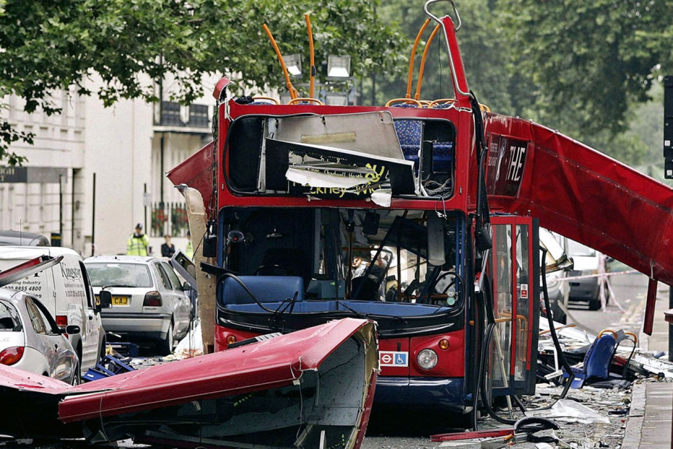 The number 30 double-decker bus in Tavistock Square, which was destroyed by a bomb in the terrorist attacks of 7 July, 2005.