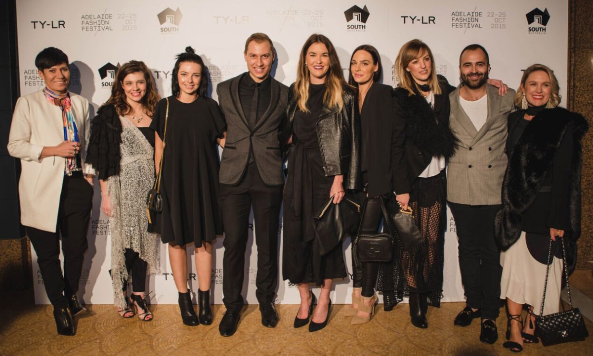 From left to right: Adelaide fashion designers Tiff Manuell, Greta Rumsby, Rochelle Flynn, Paul Vasileff, Kate Anderson, Kellie Gage, Sally Phillips, Chris Kontos and Melanie Flintoft at the launch of the Adelaide Festival on 3 August 2015.