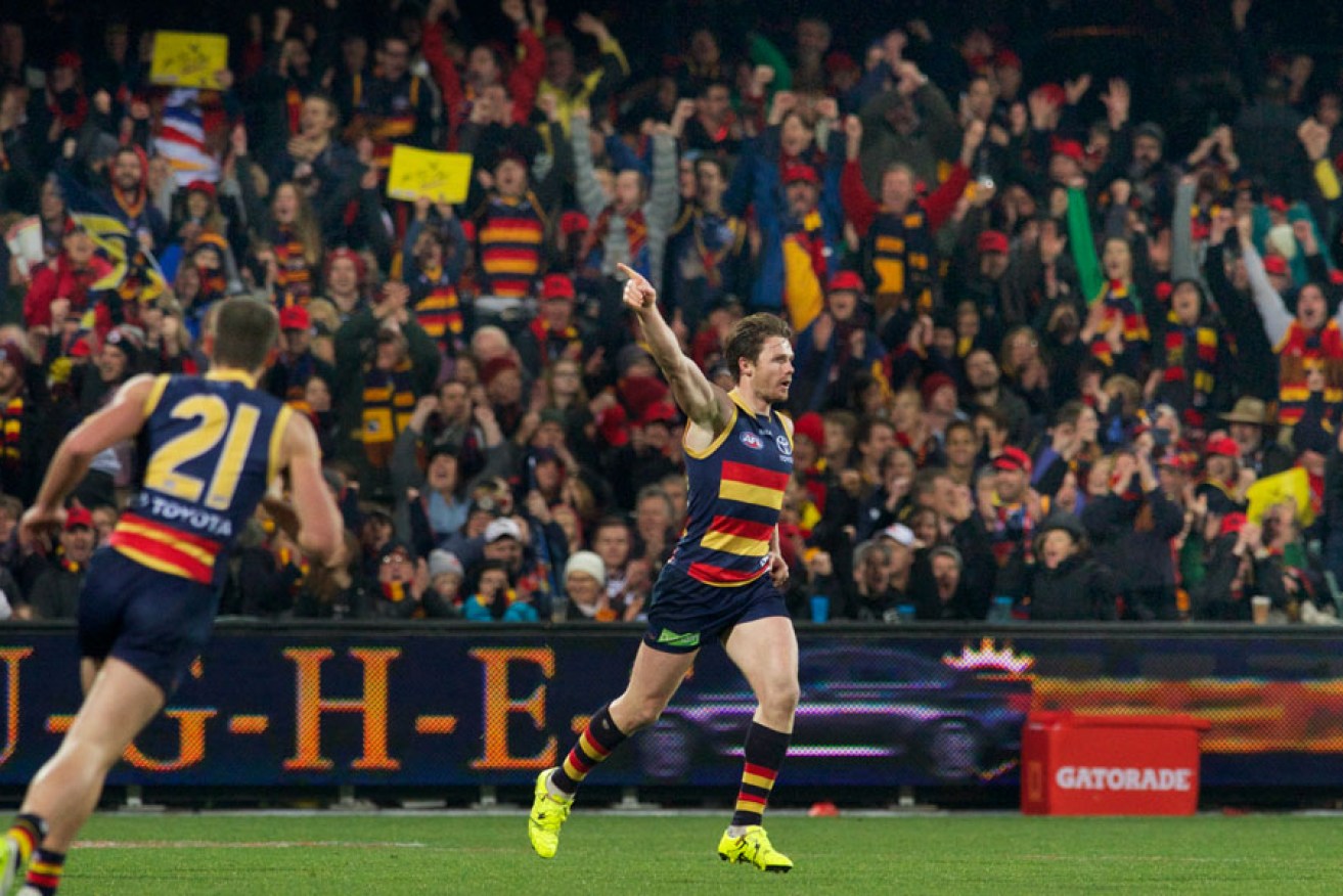 Patrick Dangerfield celebrates a goal against Richmond along with reasonably pleased fans. Photo: Michael Errey/InDaily 