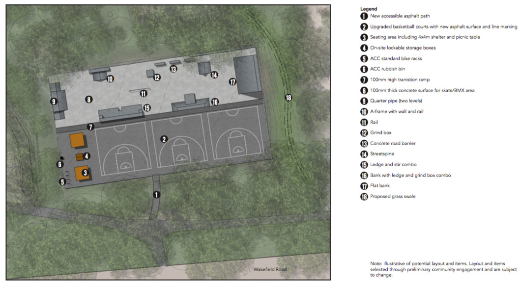 The full concept design for the temporary skate park. (click for larger image)