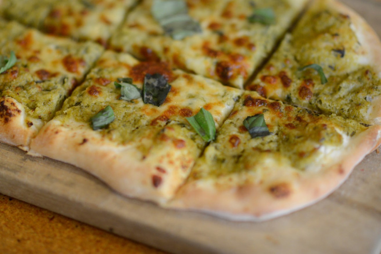 Broccoli pesto pizza with basil. Photo: Nat Rogers/InDaily
