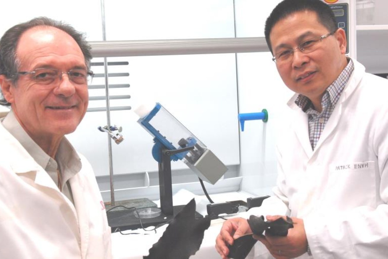 Professor Colin Raston, the SA Premier’s Research Fellow in Clean Technology at Flinders University, Professor Wei Zhang, director of the Centre for Marine Bioproducts Development, with the Vortex Fluidic Device (centre) which will be used to improve seaweed processing and extraction technologies. 