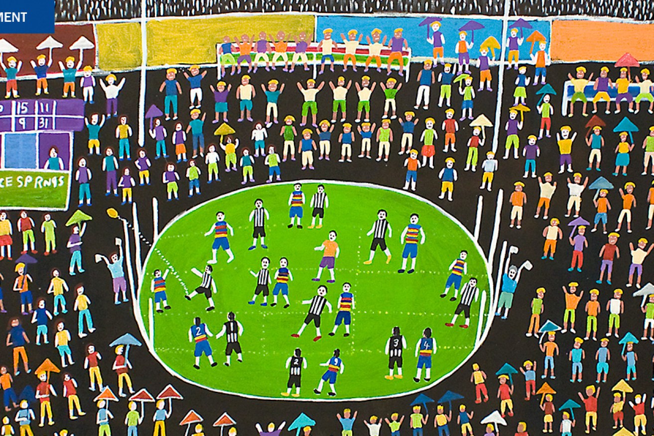 Josie Kunoth Petyarre - Anmatyerre people, Northern Territory | Football Alice Springs, 2014 | Synthetic polymer paint on linen. Image courtesy of the artist and Mossenson Galleries