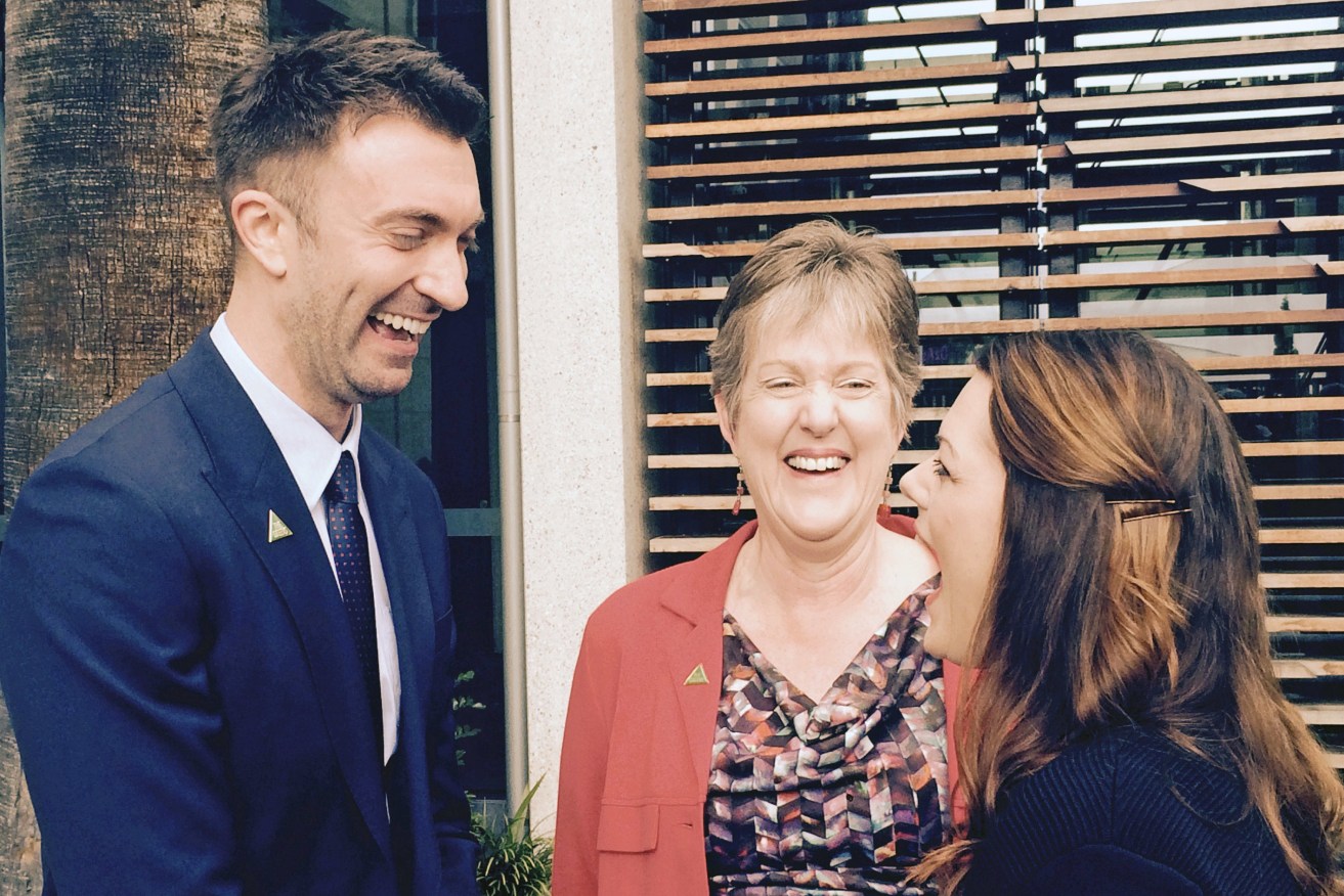 Simms, sharing a laugh with then-outgoing Senator Penny Wright (centre) and Senator Sarah Hanson-Young at the announcement of his ascension into federal politics in 2015.