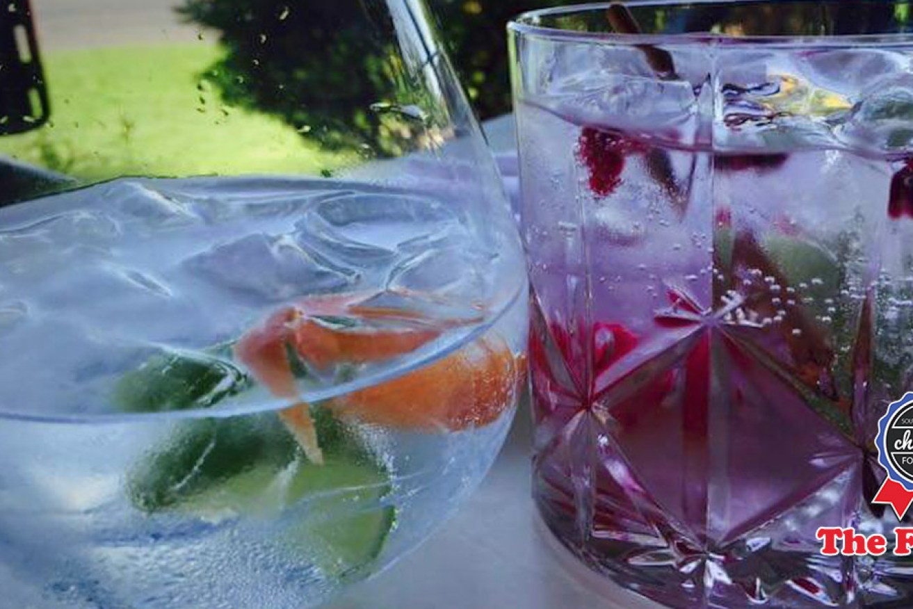 Adelaide Hills' 28 Degrees Gin and tonic with cucumber and capsicum garnish (left) and pomegranate and cassia (right). Photo: Sasha La Forgia