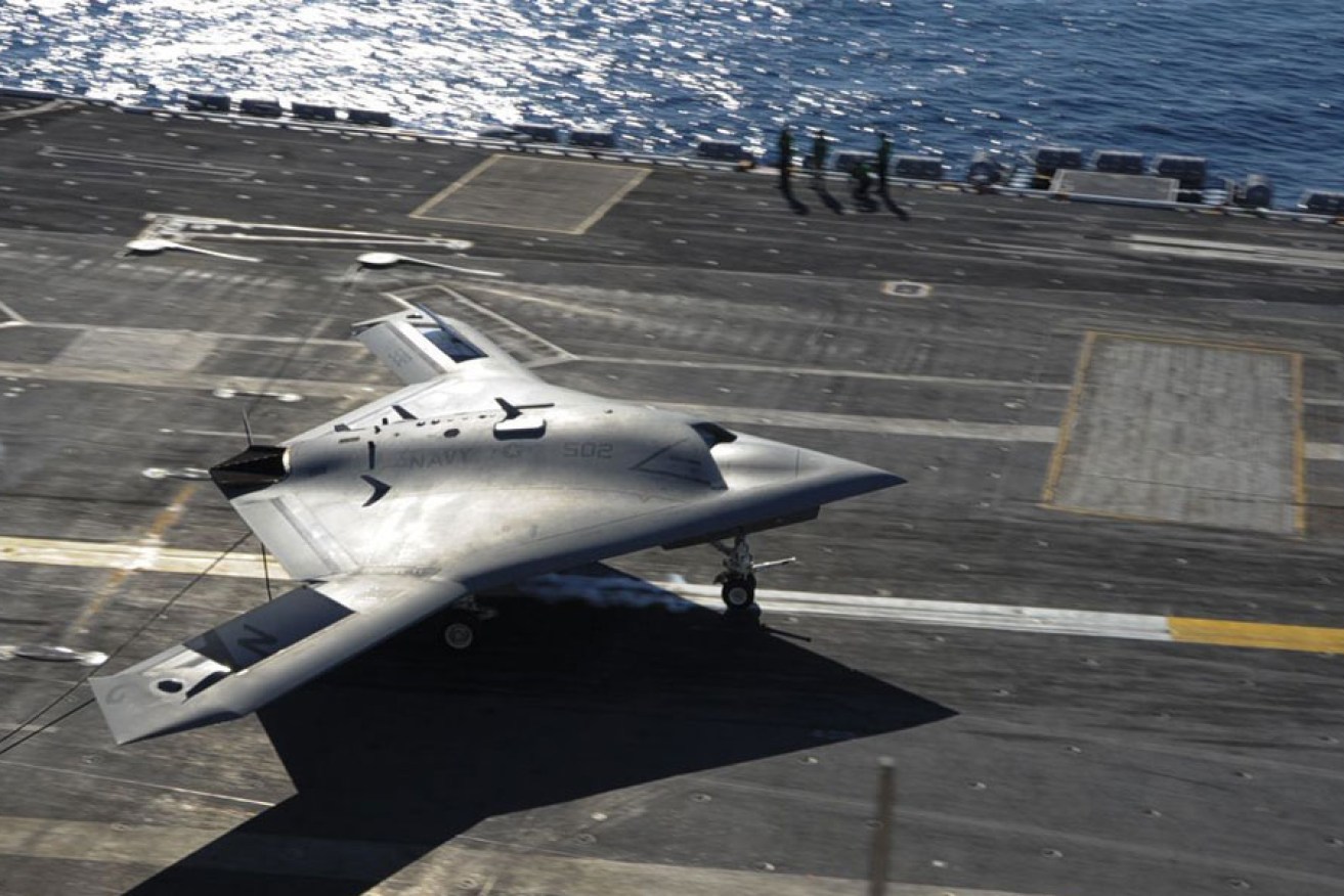 The US Navy's experimental X-47B Unmanned Combat Air System Demonstrator. 