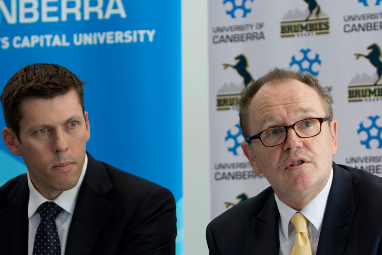 Fagan and University of Canberra vice-chancellor Stephen Parker announcing the Brumbies' partnership deal with the university in 2012.