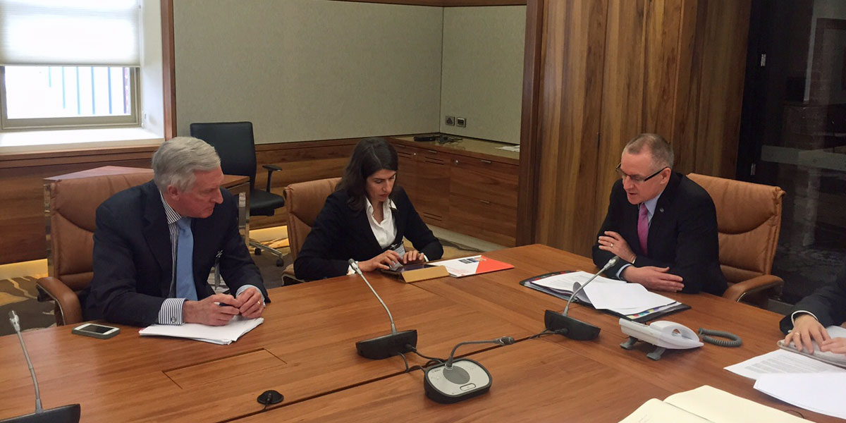 John Hewson (left) and Anna Skarbek meeting with Premier Jay Weatherill today. Photo supplied