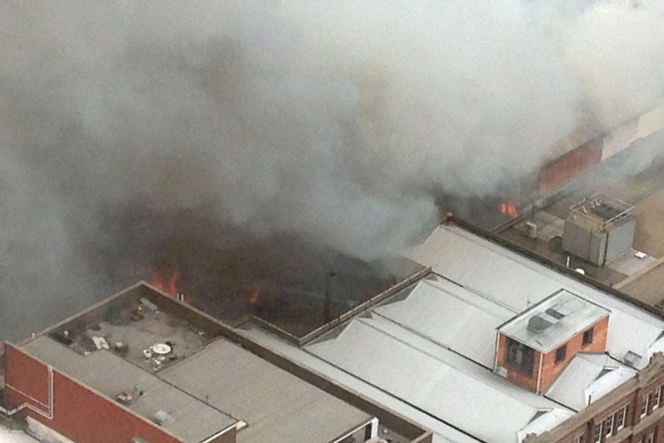 An aerial view of the blaze that gutted a building off Hindley Street yesterday.