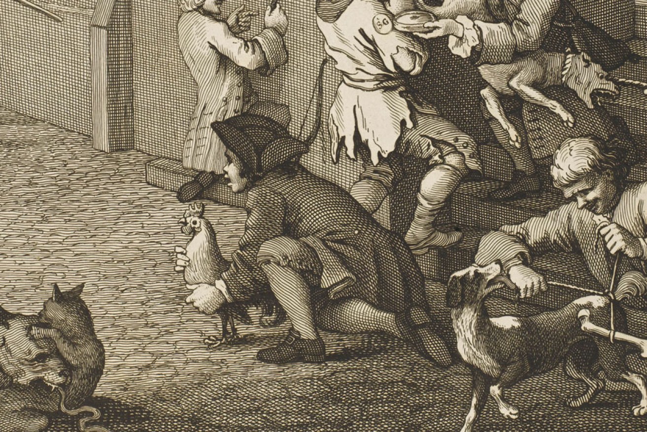 The first frame of William Hogarth's "Four Stages of Cruelty" depicts cruelty to animals. Image: Mary Evans Picture Library