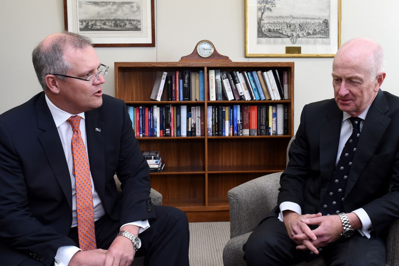 Treasurer Scott Morrison (left) meets with Reserve Bank governor Glenn Stevens in Sydney today. AAP image