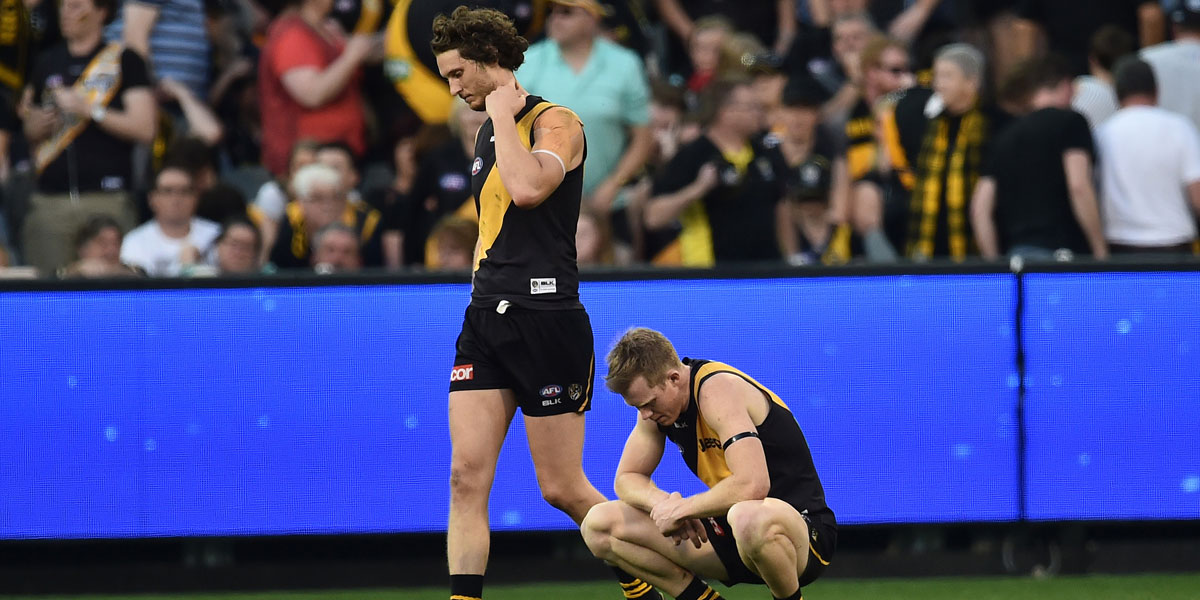 Ty Vickery and Jack Riewoldt take in yet another finals defeat. AAP image