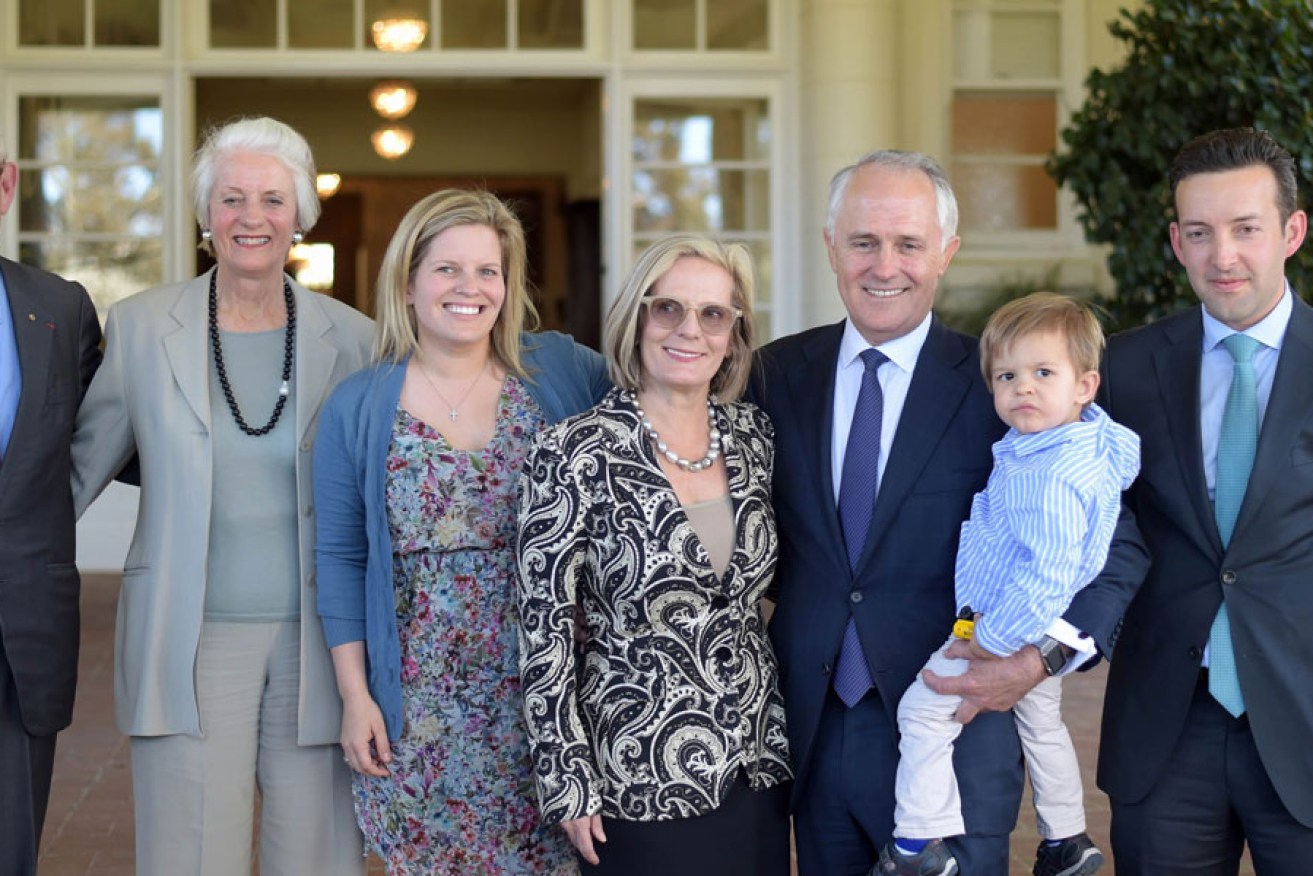 Malcolm Turnbull and his family at his swearing in as Prime Minister at Government House yesterday. AAP image