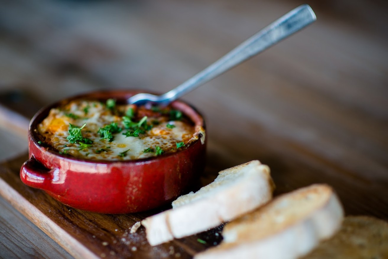 Baked eggs with chickpeas at Caffe Paparazzi.