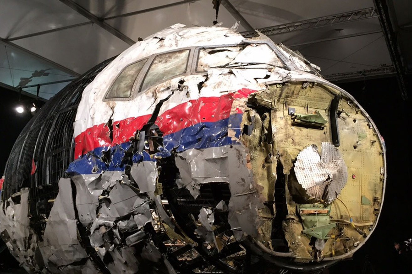 The reconstructed front of the Malaysia Airlines plane that was downed by a missile over Ukraine, killing 298 people. Photo: AAP