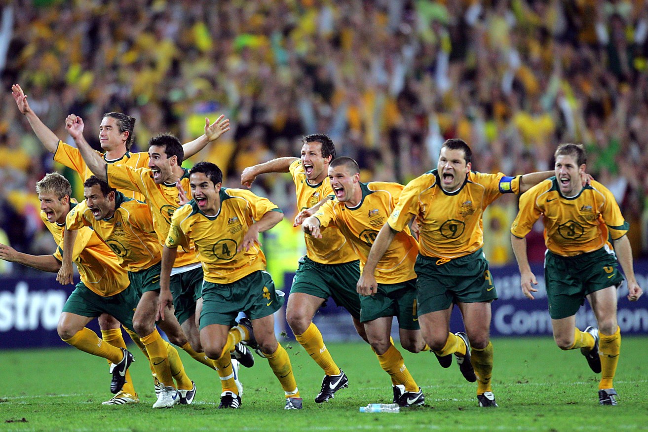 16 November 2005: the Socceroos are ecstatic after defeating Uruguay in the FIFA World Cup qualifier.