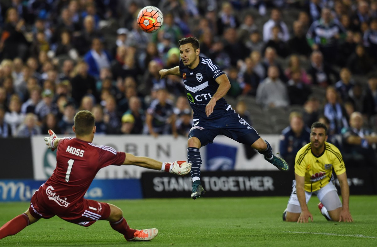 Kosta Barbarouses of the Victory goes for a goal during the round 4 Aleague match between the Melbourne Victory and Wellington Phoenix at Etihad Stadium in Melbourne Monday Nov. 2, 2015. (AAP Image/Tracey Nearmy) NO ARCHIVING
