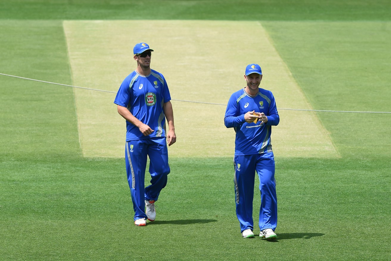 Mitchell Marsh (left) and Peter Nevill during a team training session.
