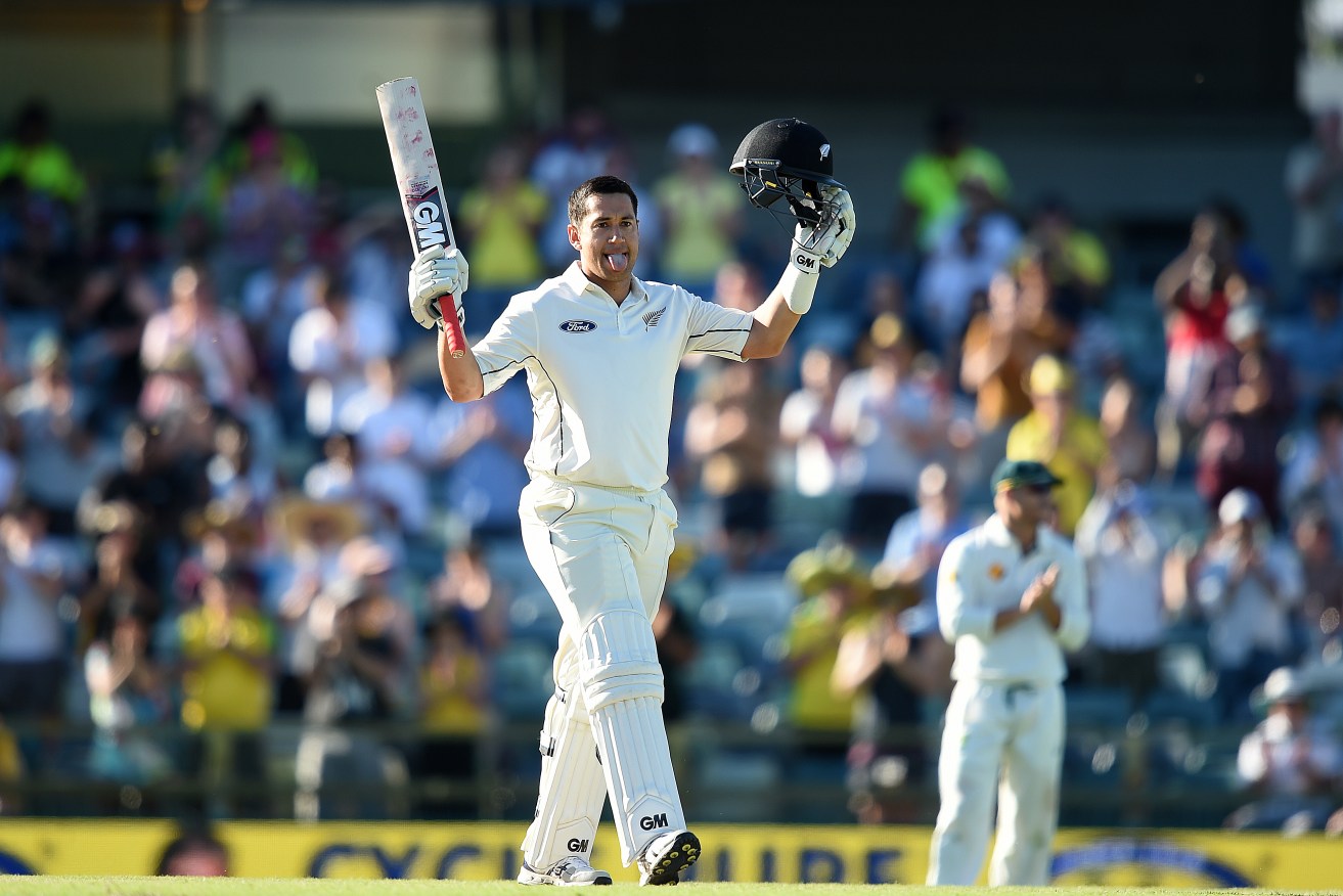 New Zealand batsman Ross Taylor reacts after scoring a double century in Perth. AAP Image/Dave Hunt