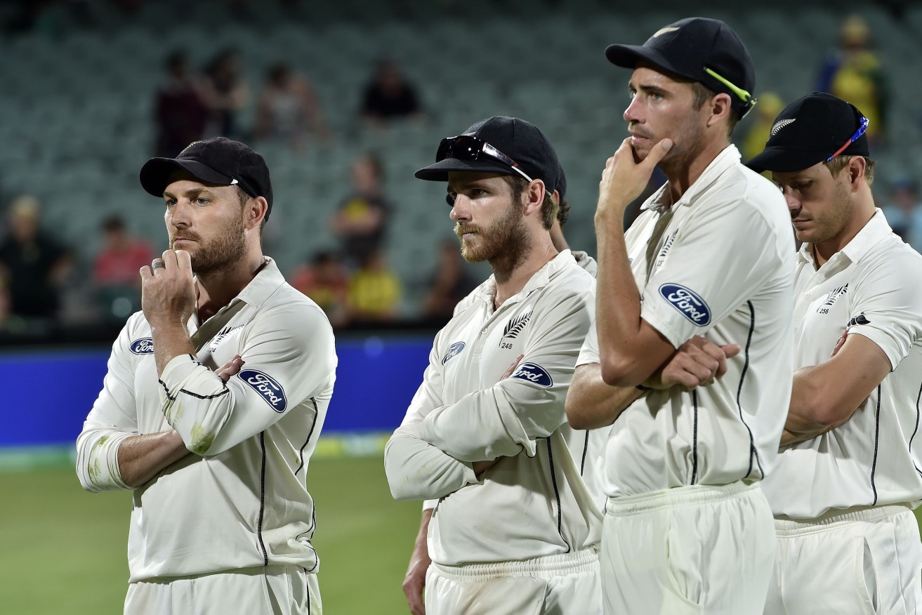 New Zealand captain Brendon McCullum (left) after their loss in the Adelaide Test. AFP PHOTO / SAEED KHAN