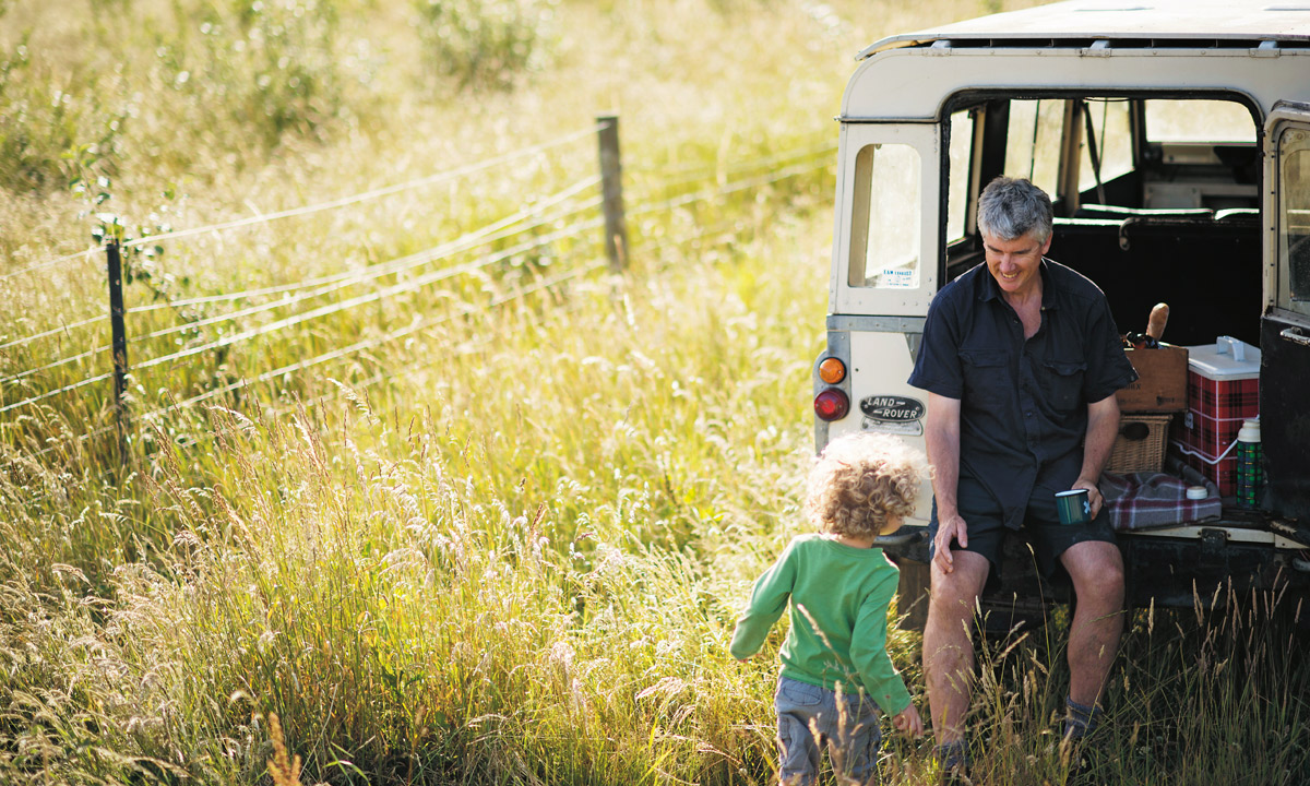 Matthew Evans with son Hedley. Photo: Summer on Fat Pig Farm