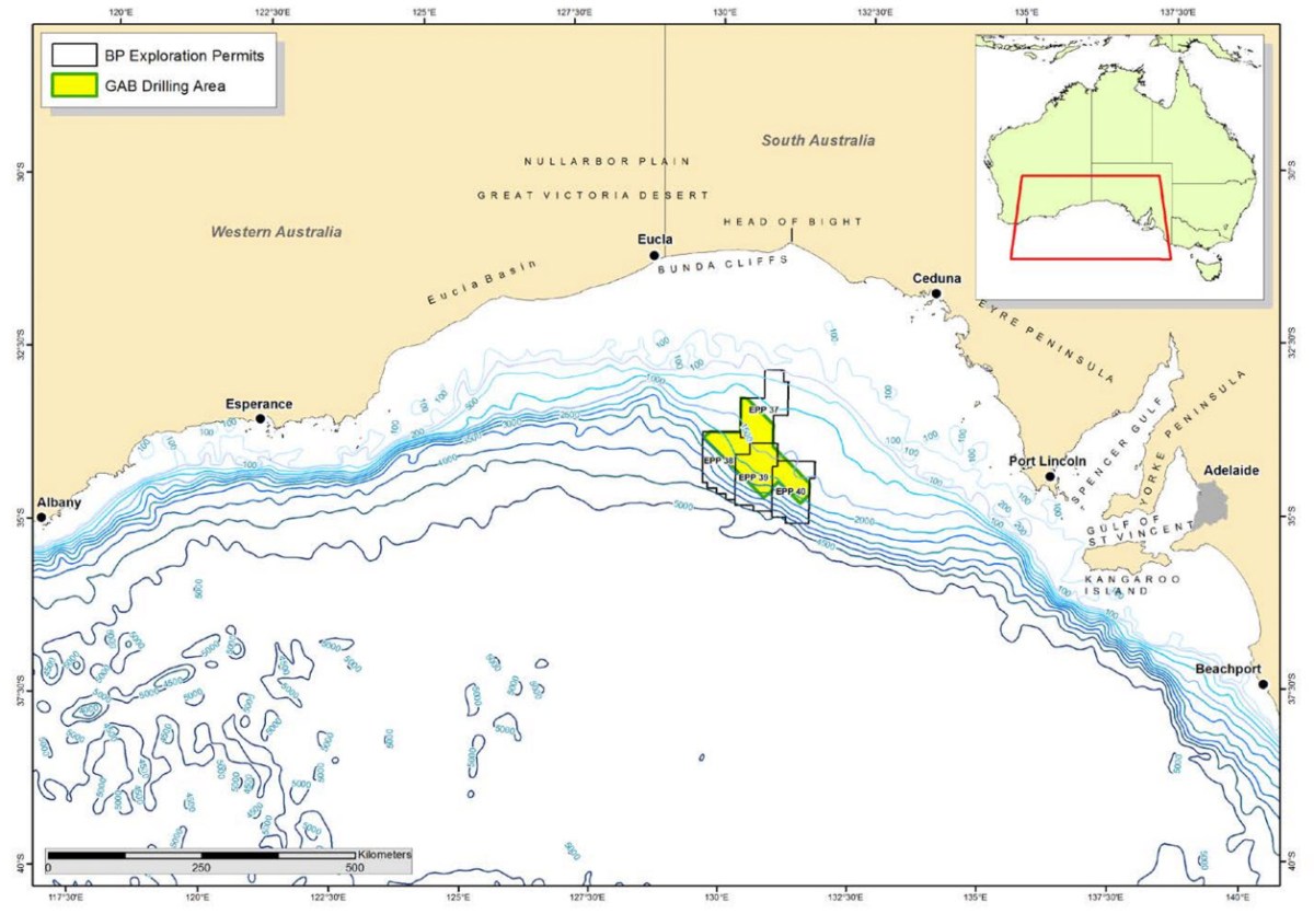 BP plans to drill for oil in an area of ocean approximately 395 km west of Port Lincoln and 340 km southwest of Ceduna in the summer of 2016-2017. Image: NOPSEMA.