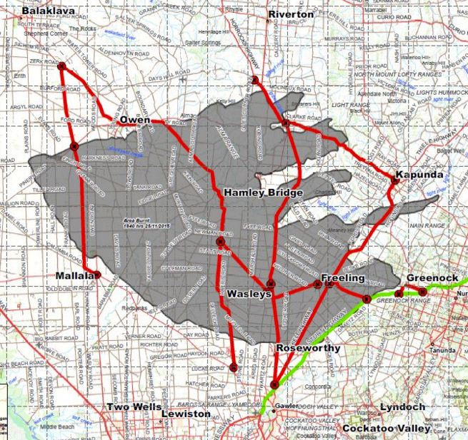The fire ground at of 10am (grey) and closed roads (red). Image: SAPOL.