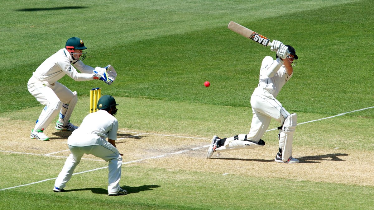 New Zealand's Mitchell Santner swings, misses and end up being stumped. Photo: Michael Errey/InDaily