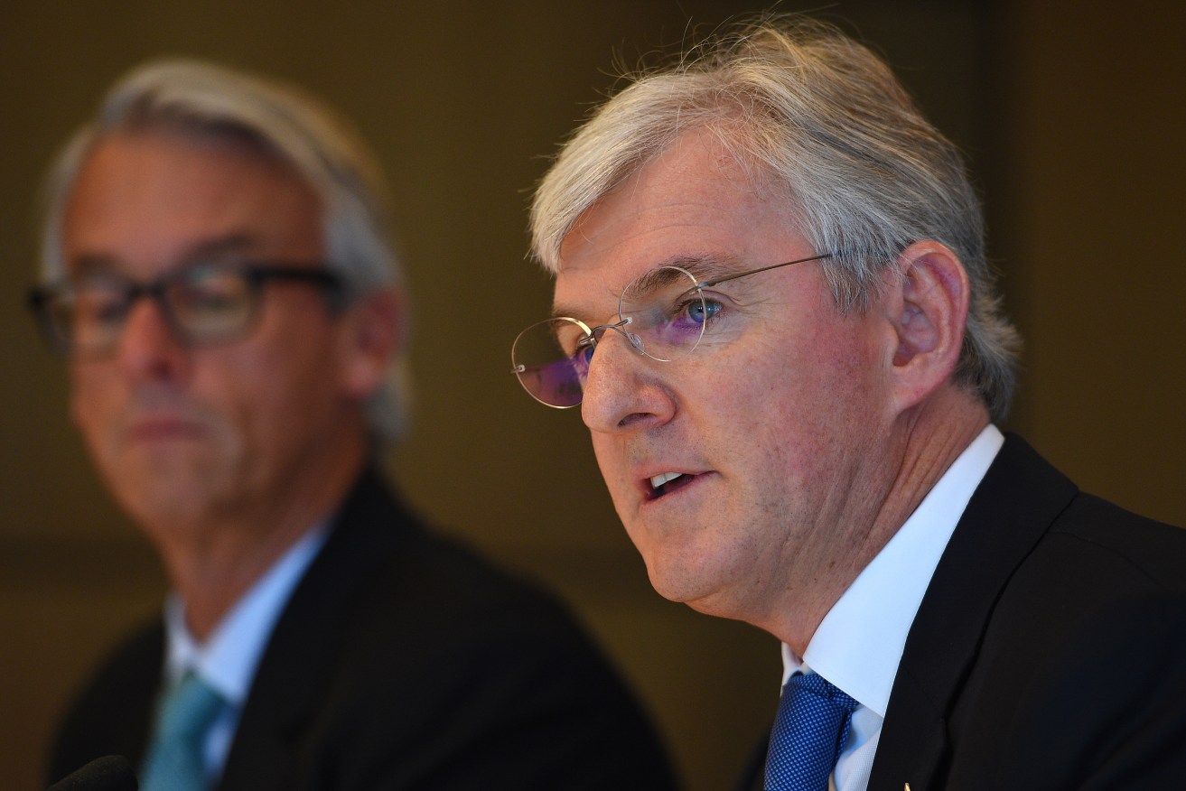 FFA chair Steven Lowy, flanked by CEO David Gallop. AAP Photo