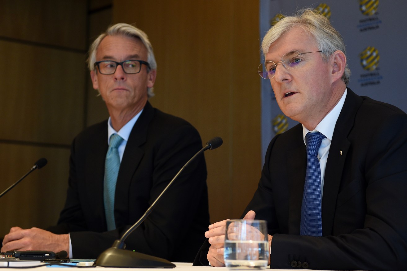 FFA CEO David Gallop (left) with chair Steven Lowy. Photo: Dan Himbrechts / AAP