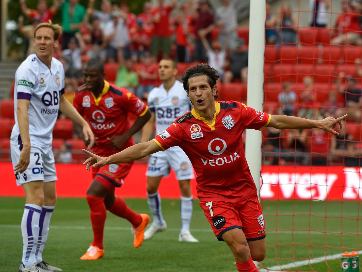 Pablo Sánchez Alberto of United reacts after scoring a goal during the round 9 A-League match between Adelaide United and Perth Glory at Coopers Stadium in Adelaide, Sunday, Dec. 6, 2015. (AAP Image/David Mariuz) NO ARCHIVING, EDITORIAL USE ONLY