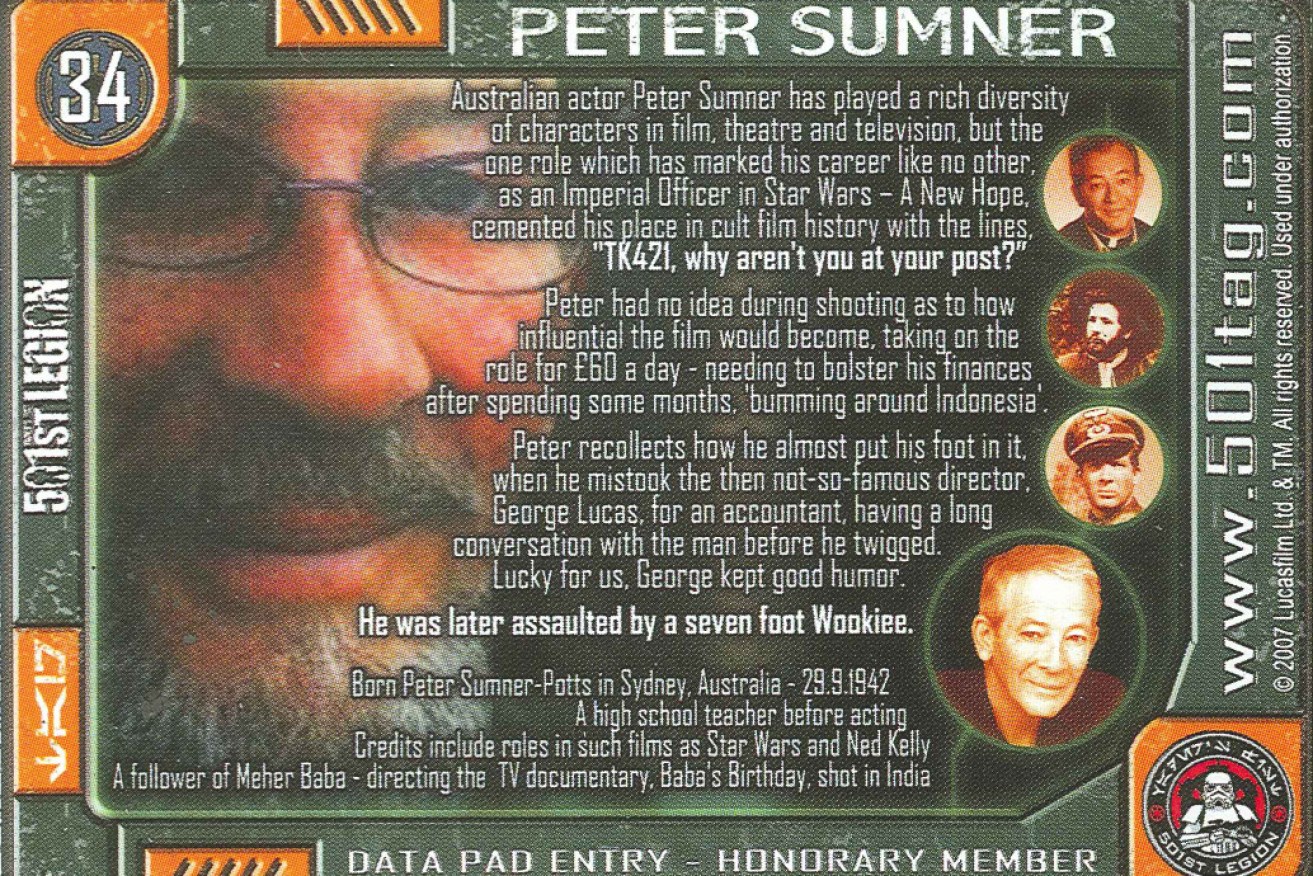A trading card of Peter Sumner for his role as Lieutenant Pol Treidum in Star Wars IV: A New Hope. AAP Image/Supplied