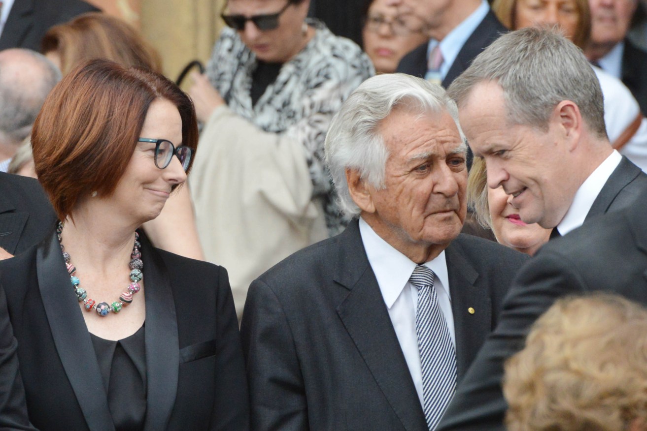 Former Prime Ministers Julia Gillard and Bob Hawke and Federal Opposition Leader Bill Shorten attend the funeral for former South Australian Premier John Bannon at St Peter's Cathedral yesterday. Photo: AAP/Brenton Edwards