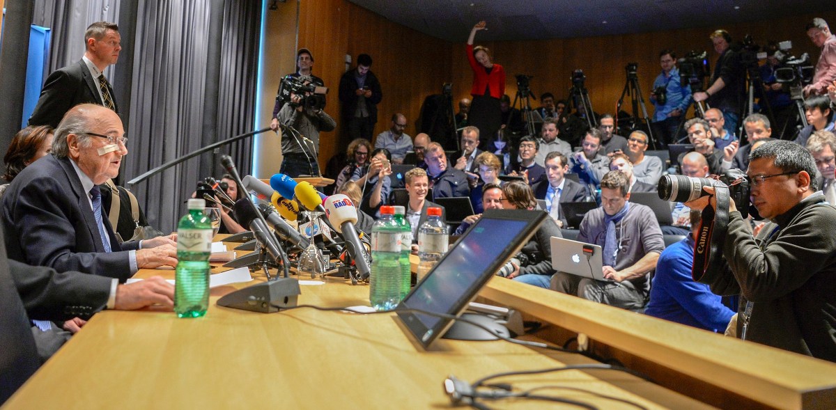 How the mighty have fallen: Blatter addresses media overnight in Zurich. Photo: EPA/WALTER BIERI