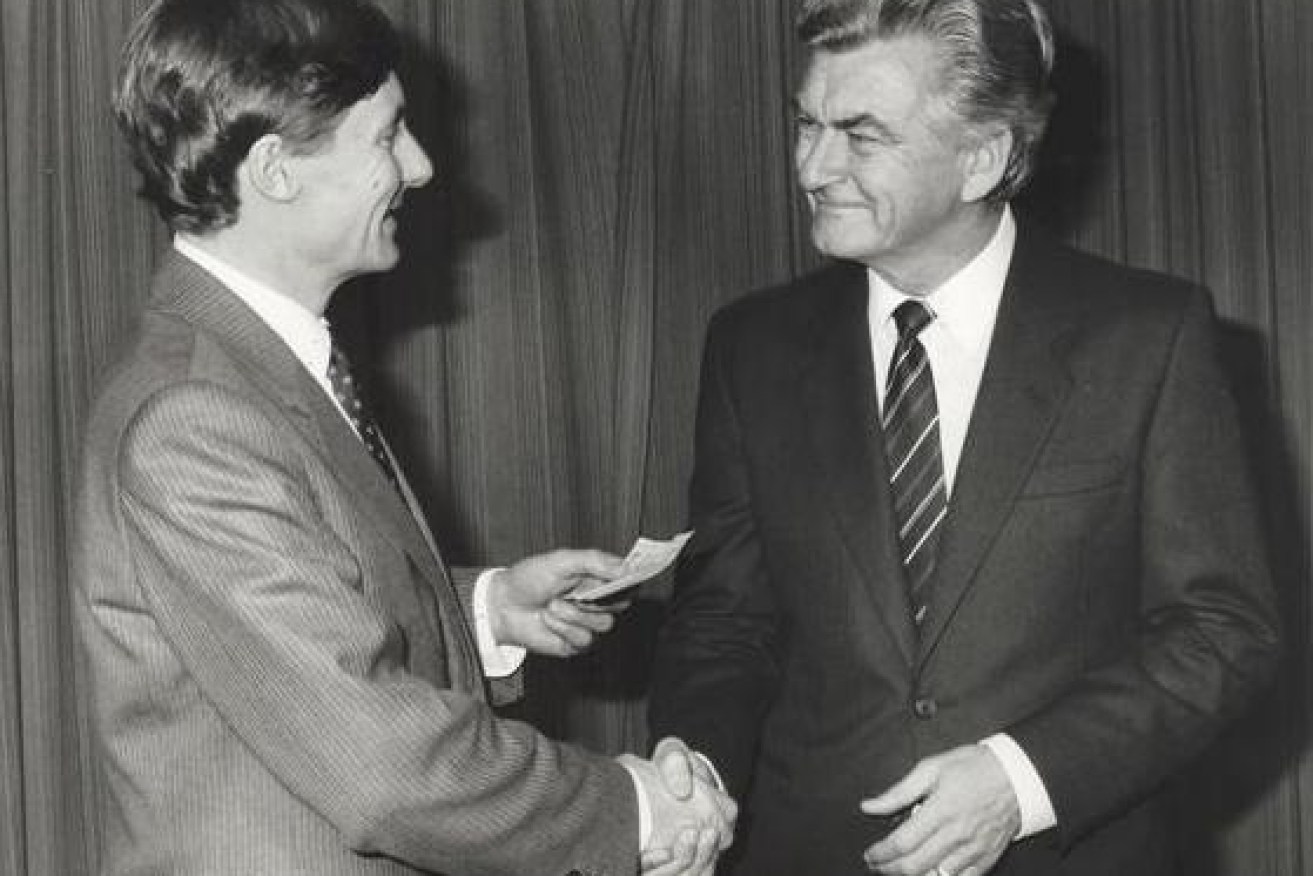 John Bannon (left) with then Prime MInister Bob Hawke in 1983.