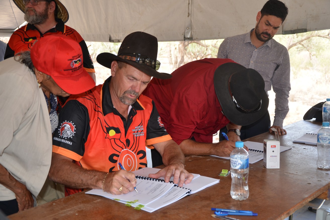The signing of the agreement in Innamincka yesterday.