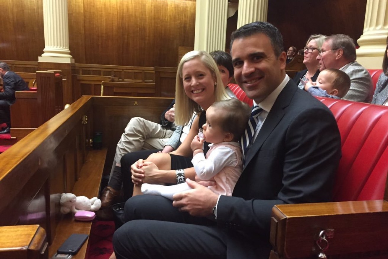 Peter Malinauskas with wife Annabel and daughter Sophie, as he prepares to be sworn in as a Legislative Councillor. Photo: @alpsa, Twitter