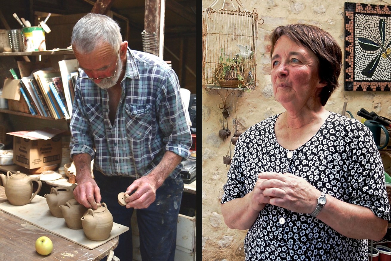 Mark Pearse working as potter  and Jill Pearse in front of one of her mosaics. Photos: Sue Hanckel