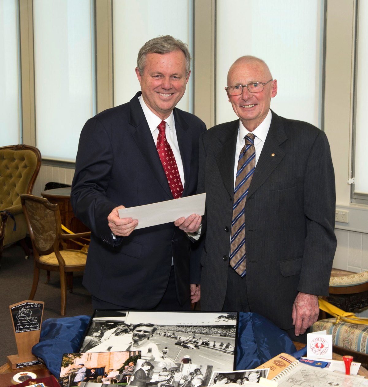 John Bannon (right) with Mike Rann at the launch of the Bannon Collection at Flinders University in 2012. Photo courtesy Flinders University.