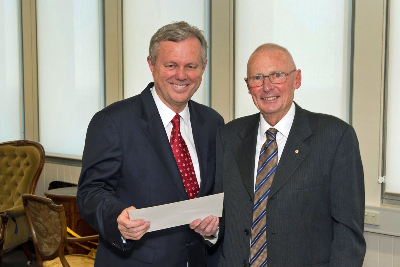 Mike Rann (left) with John Bannon at the launch of the Bannon Collection at Flinders University in 2012. Photo courtesy Flinders University