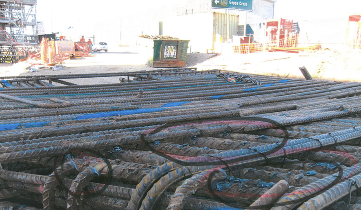 This photograph, marked with a black marker, shows what former Superway workers say is steel reinforcement bars cut with oxy acetylene torces on site.