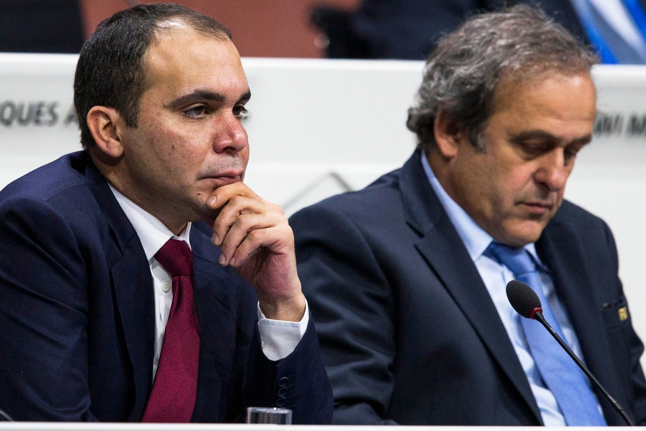 Jordanian Prince Ali Bin Al Hussein at the 65th FIFA Congress last May with then-UEFA President Michel Platini, who has since been banned by FIFA's ethics committee. Photo: PATRICK B. KRAEMER, EPA