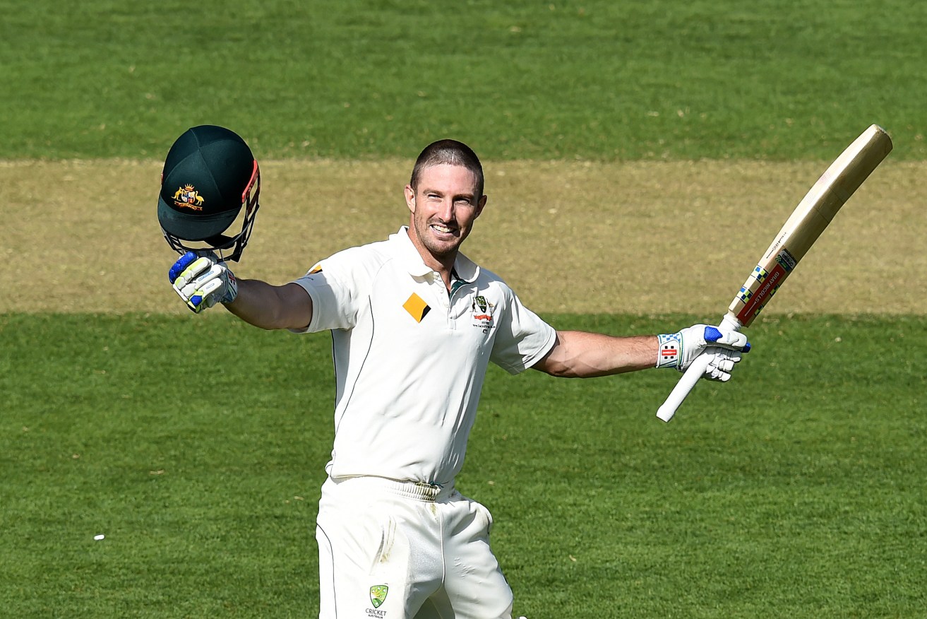 Shaun Marsh reacts after scoring a century in the first Test against the West Indies in Hobart. Photo: Dave Hunt, AAP.