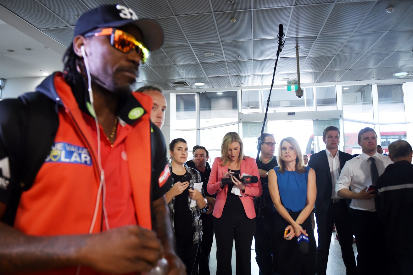 Chris Gayle at Melbourne Airport ahead of his brief media conference yesterday. Photo: Tracey Nearmy, AAP