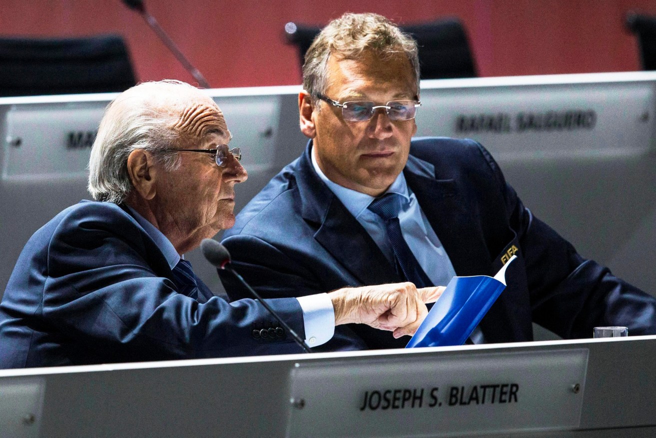 Then-FIFA President Sepp Blatter with Jerome Valcke in May last year. Photo: PATRICK B. KRAEMER, EPA
