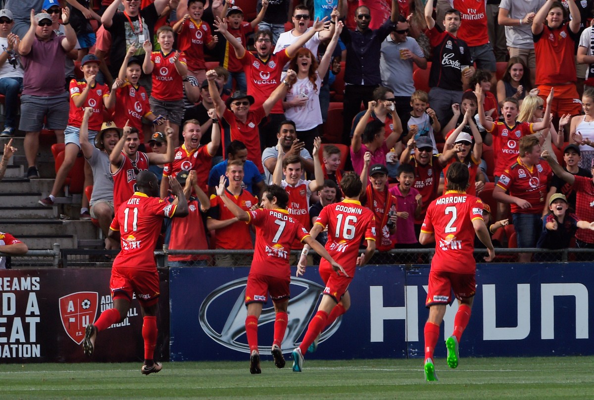 Adelaide United players celebrate after scoring a goal during the round 15 A-League match between the Adelaide United and Central Coast Mariners at Coopers Stadium in Adelaide, on Saturday, Jan. 16, 2016. (AAP Image/David Mariuz) NO ARCHIVING, EDITORIAL USE ONLY